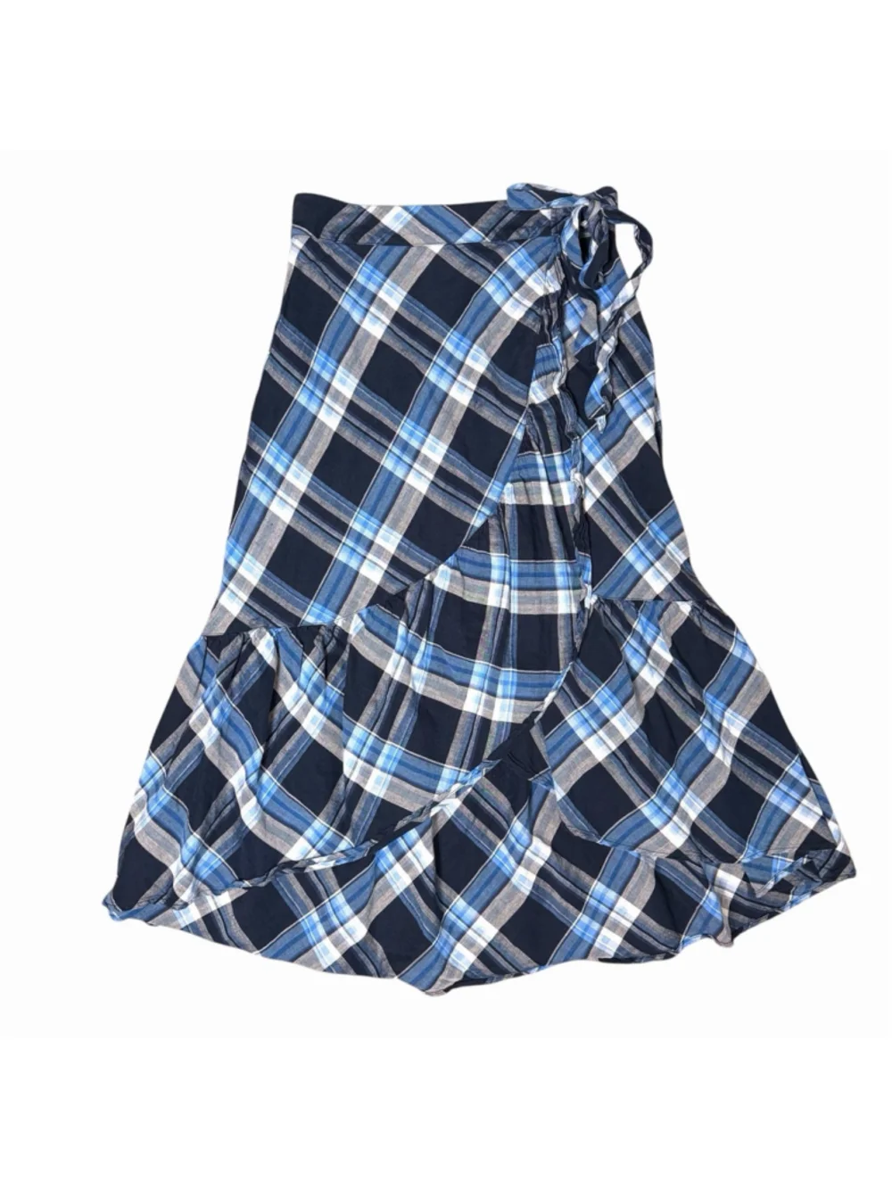 Lauren Ralph Lauren Blue Plaid Linen Blend Wrap Midi Skirt Bow Tie Size 2 EUC